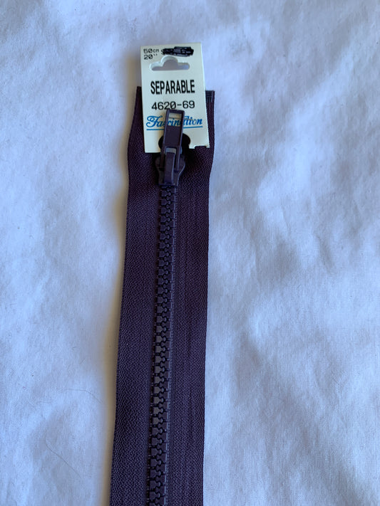 Molded Plastic Zipper, Separating, 20 Inch, Dark Violet Color, New