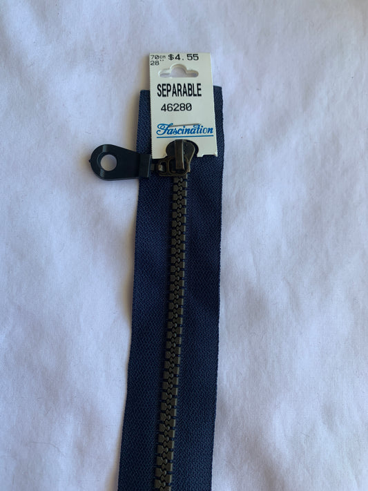 Molded Plastic Zipper, Separating, 28 Inch, Navy Blue Color, New