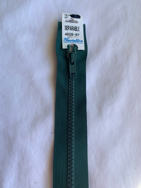 Molded Plastic Zipper, Separating, 28 Inch, Forest Green Color, New