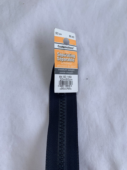 Molded Plastic Zipper, Separating, 20 Inch, Navy Blue Color, New