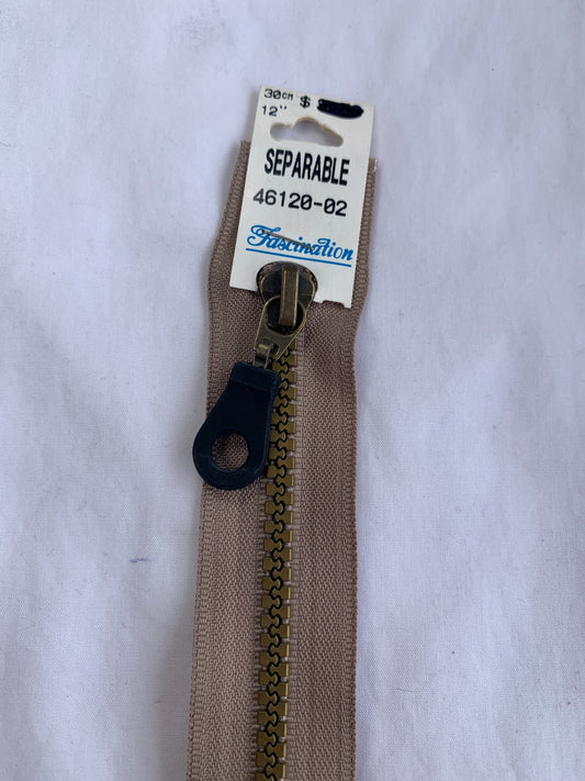 Molded Plastic Zipper, Separating, 12 Inch, Light Brown Color, New