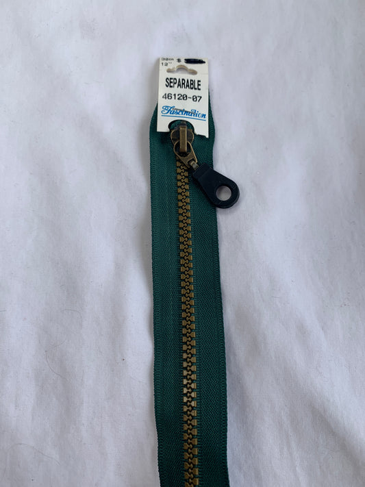 Molded Plastic Zipper, Separating, 12 Inch, Forest Green Color, New