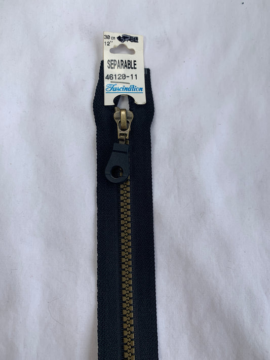 Molded Plastic Zipper, Separating, 12 Inch, Black Color, New
