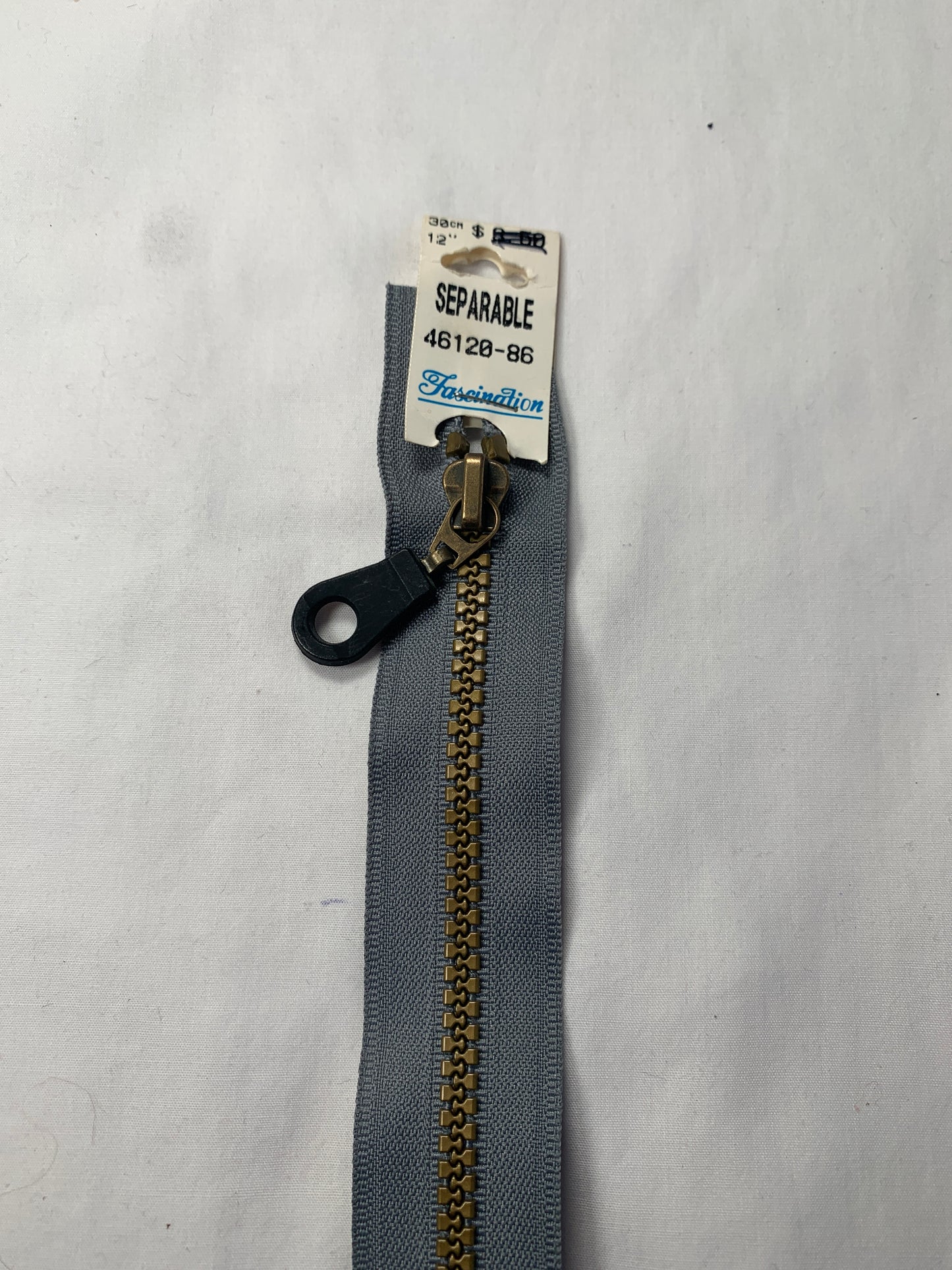 Molded Plastic Zipper, Separating, 12 Inch, Medium Grey, New