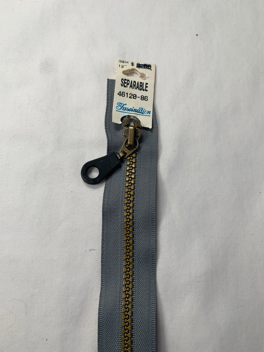 Molded Plastic Zipper, Separating, 12 Inch, Medium Grey, New