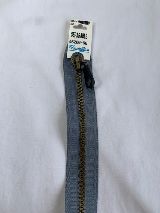 Molded Plastic Zipper, Separating, 20 Inch, Blueish Grey Color, New