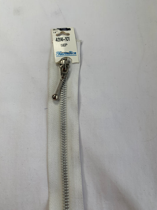 Metal Zipper, Separating, 14 Inch, White Color, New