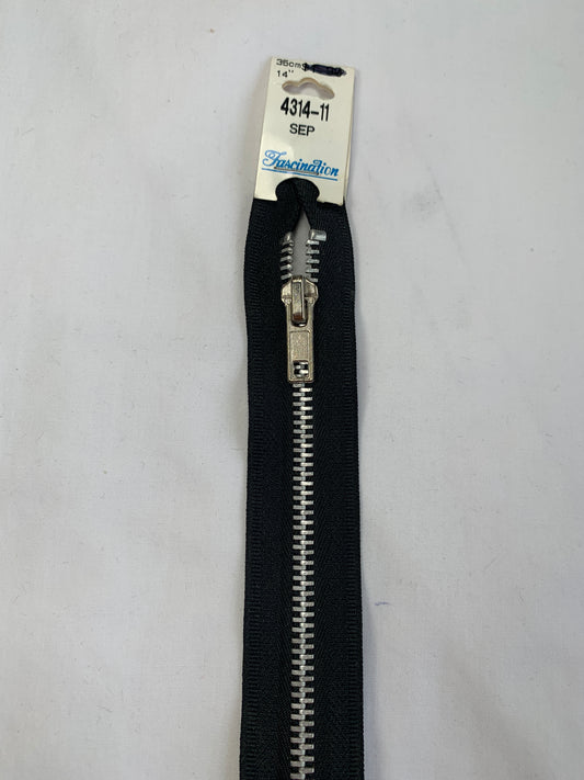 Metal Zipper, Separating, 14 Inch, Black Color, New