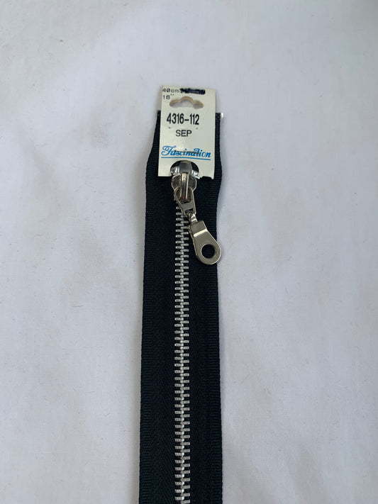 Metal Zipper, Separating, 16 Inch, Black Color, New