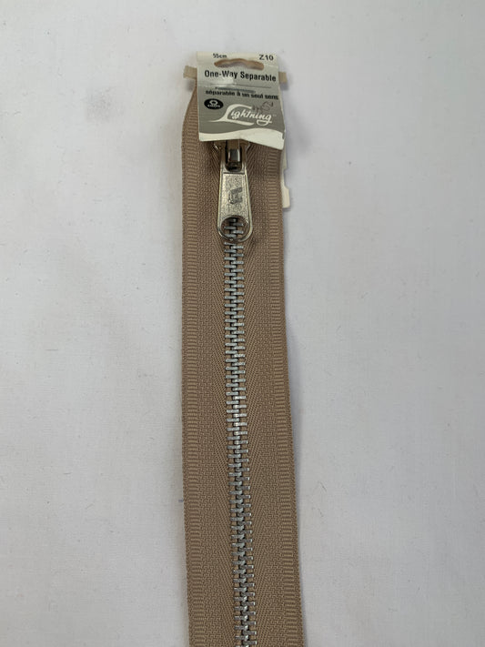 Metal Zipper, Separating, 22 Inch, Beige Color, New