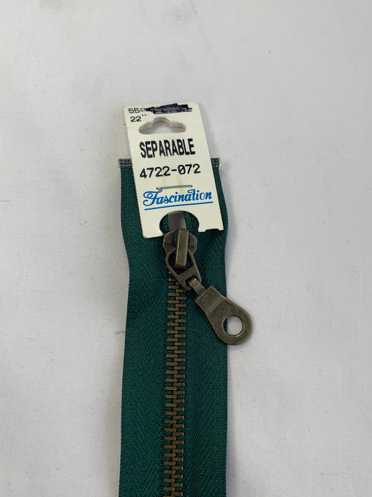 Metal Zipper, Separating, 22 Inch, Forest Green Color, New