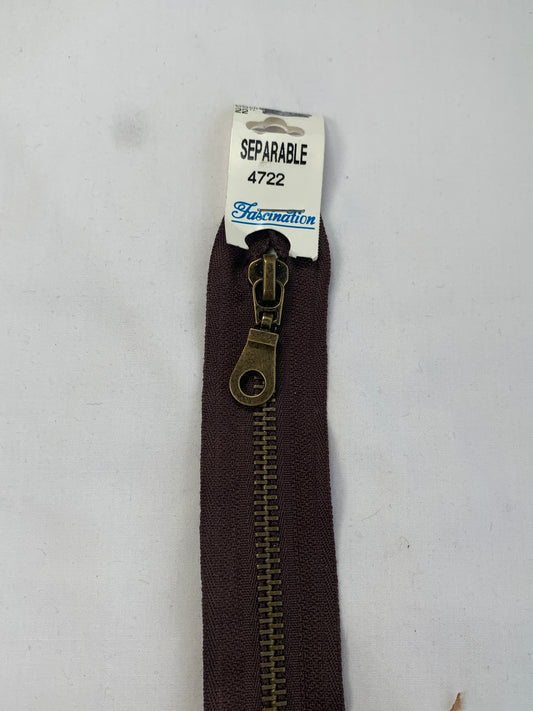 Metal Zipper, Separating, 22 Inch, Medium Brown Color, New