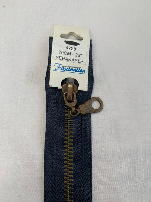 Metal Zipper, Separating, 28 Inch, Navy Blue Color, New