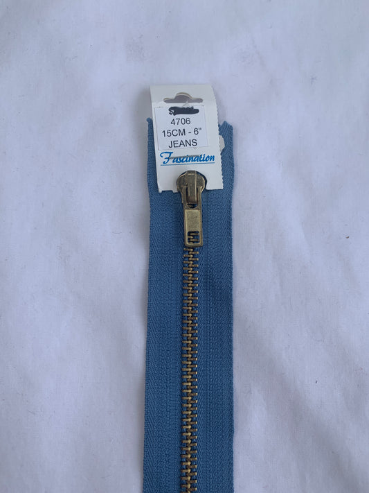 Metal Zipper, Non-Separating, 6 Inch, Light Blue Color, New
