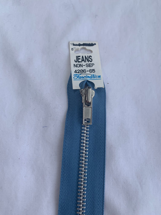 Metal Zipper, Non-Separating, 6 Inch, Light Blue Color, New