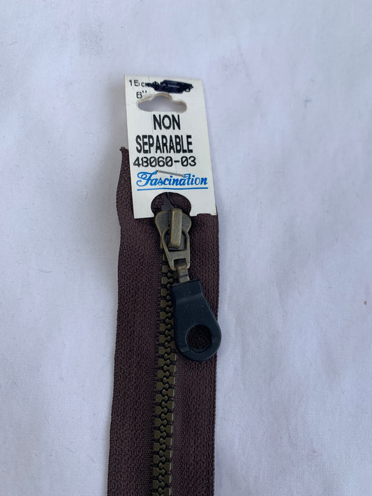 6 Inch Non-Separating Zipper, Medium Brown, Molded Plastic, New