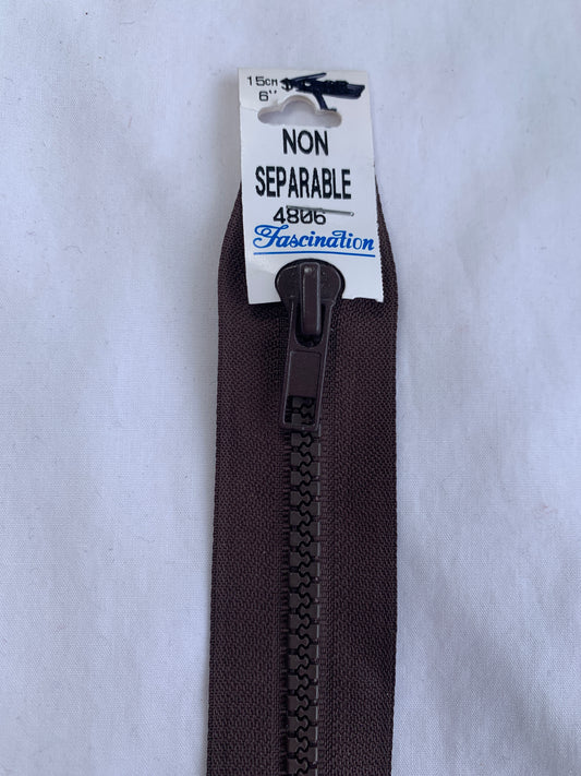 6 Inch Non-Separating Zipper, Medium Brown, Molded Plastic, New