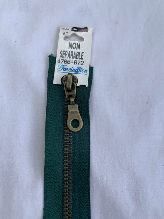 6 Inch Non-Separating Zipper, Forest Green, Molded Plastic, New