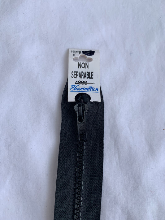 6 Inch Non-Separating Zipper, Black, Molded Plastic, New