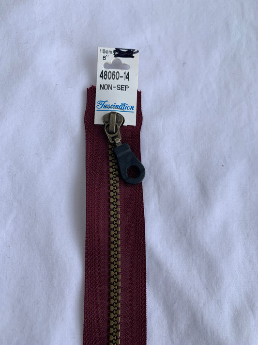 6 Inch Non-Separating Zipper, Burgandy, Molded Plastic, New