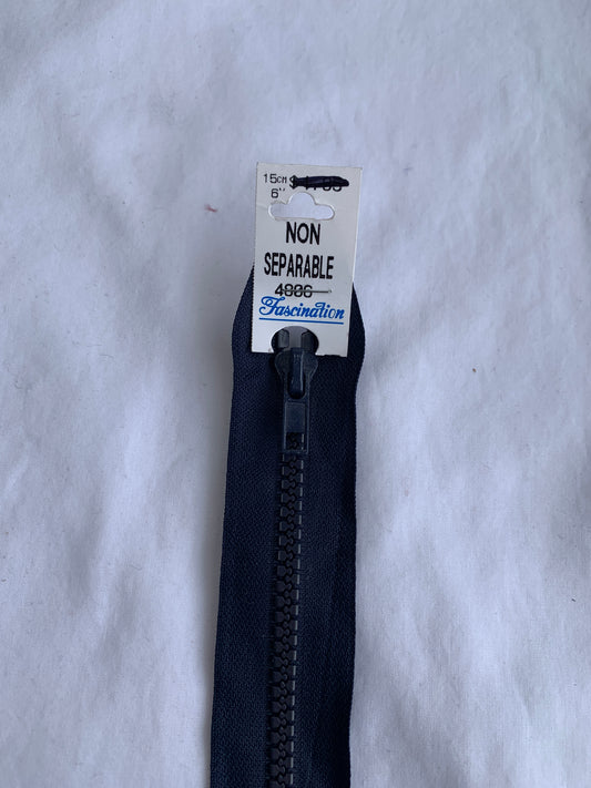 6 Inch Non-Separating Zipper, Navy Blue, Molded Plastic, New