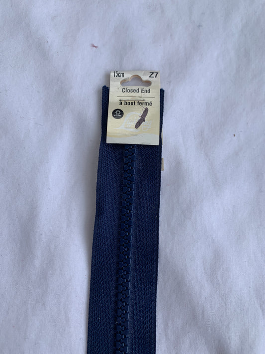 6 Inch Non-Separating Zipper, Navy Blue, Molded Plastic, New