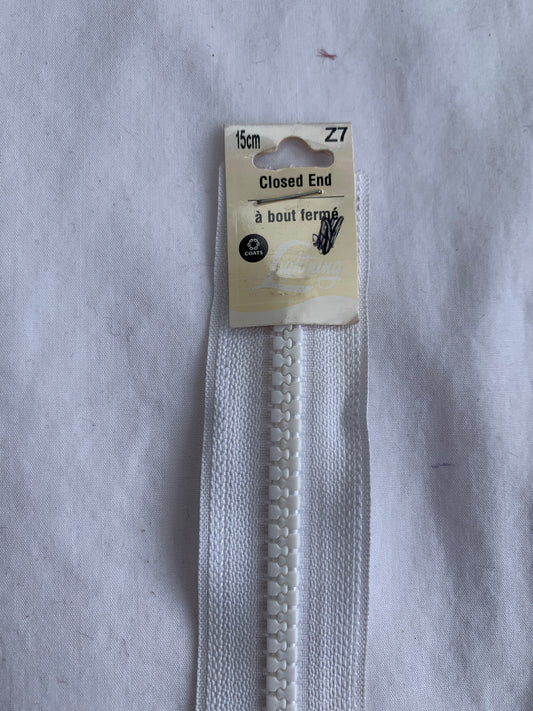 6 Inch Non-Separating Zipper, White, Molded Plastic, New