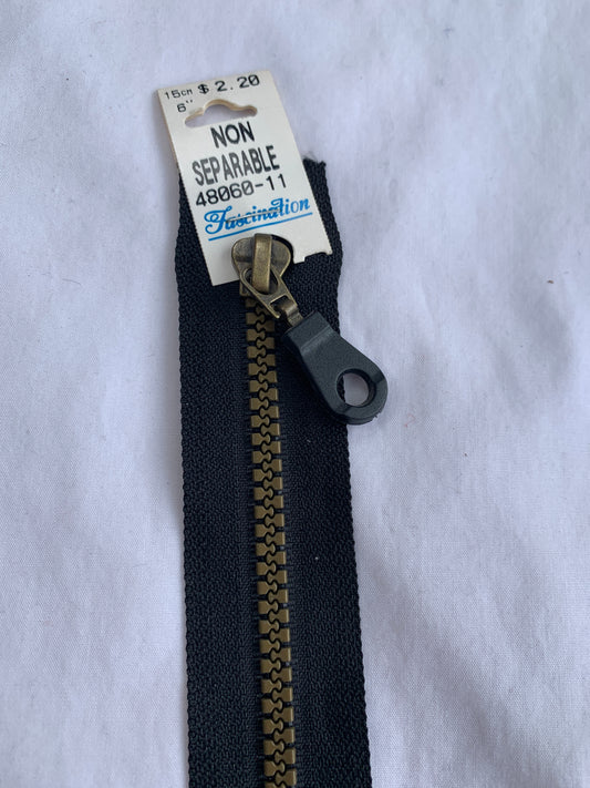 6 Inch Non-Separating Zipper, Black, Molded Plastic, New