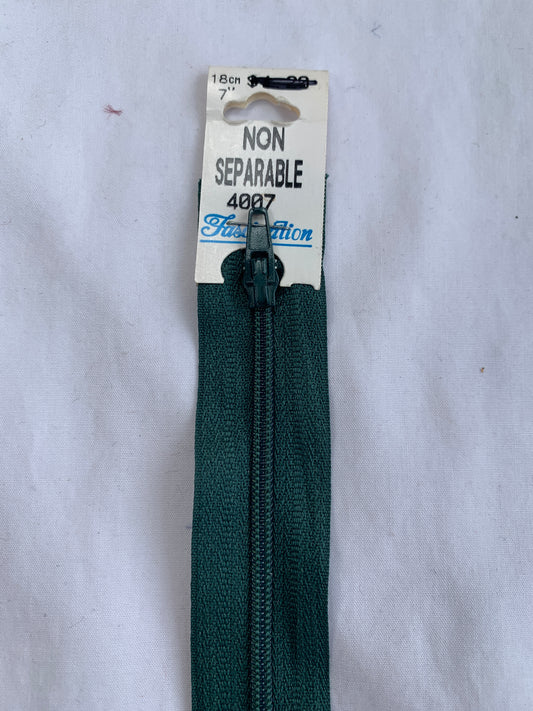 7 Inch Non-Separating Zipper, Forest Green, Molded Plastic, New
