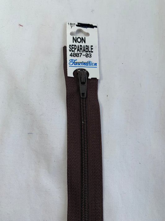 7 Inch Non-Separating Zipper, Medium Brown, Molded Plastic, New