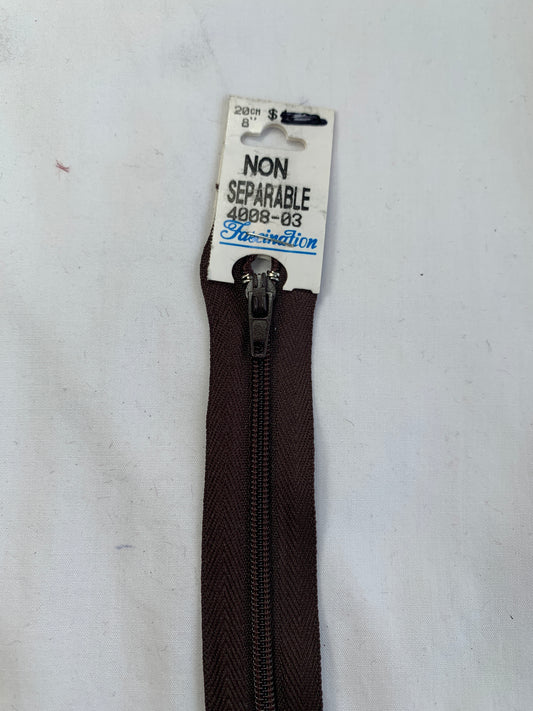 8 Inch Non-Separating Zipper, Medium Brown, Molded Plastic, New