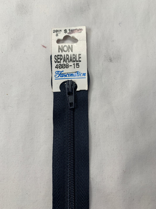 8 Inch Non-Separating Zipper, Navy Blue, Molded Plastic, New
