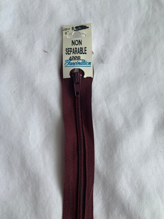 8 Inch Non-Separating Zipper, Burgandy, Molded Plastic, New