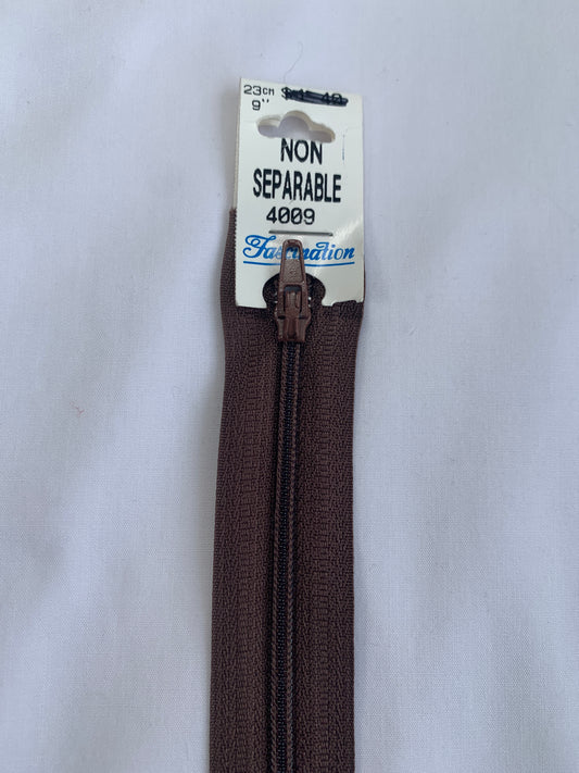 9 Inch Non-Separating Zipper, Light Brown, Molded Plastic, New
