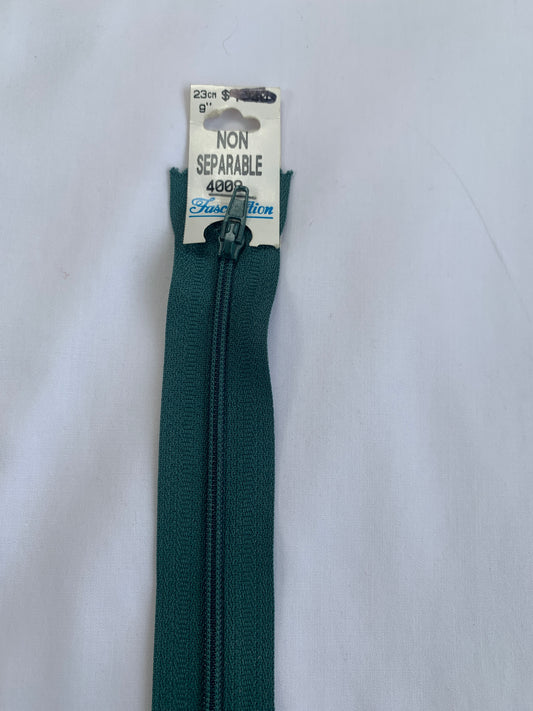 9 Inch Non-Separating Zipper, Forest Green, Molded Plastic, New