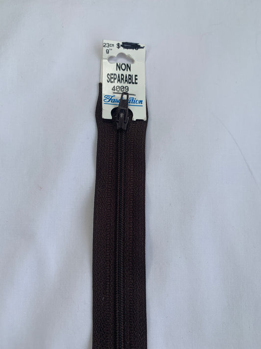 9 Inch Non-Separating Zipper, Medium Brown, Molded Plastic, New