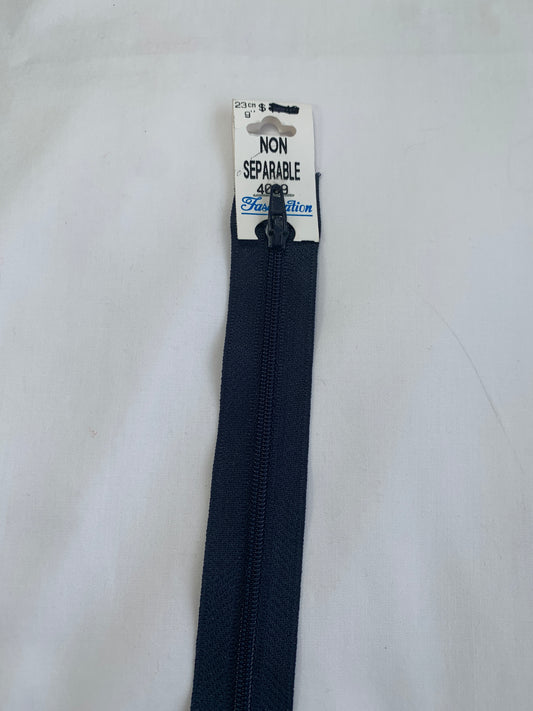9 Inch Non-Separating Zipper, Navy Blue, Molded Plastic, New