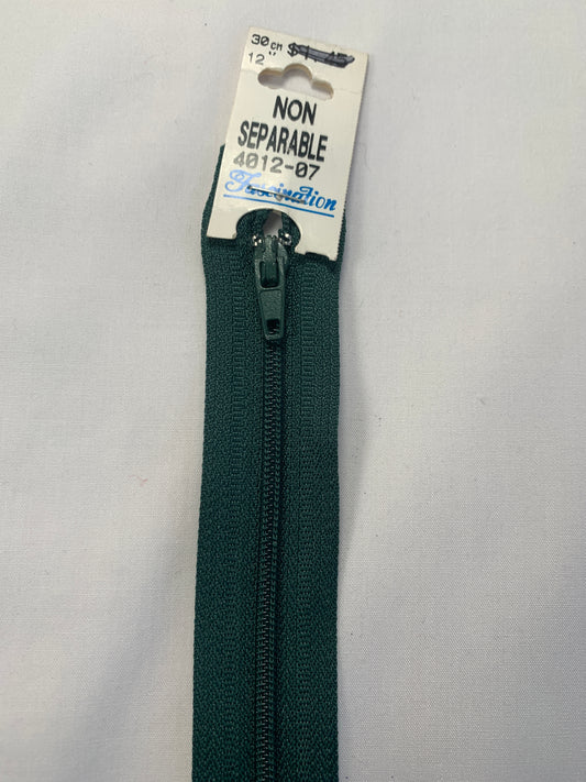 12 Inch Non-Separating Zipper, Forest Green, Molded Plastic, New