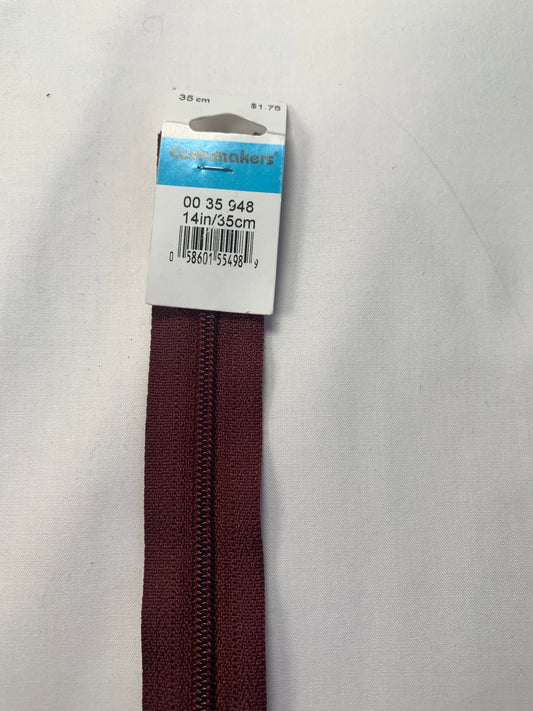 14 Inch Non-Separating Zipper, Burgandy, Molded Plastic, New