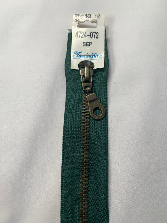 Metal Zipper, Separating, 24 Inch, Forest Green Color, New