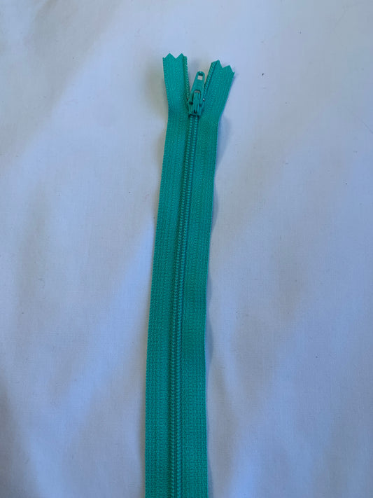 14 Inch Non-Separating Zipper, Medium Turquoise Blue, Molded Plastic, New