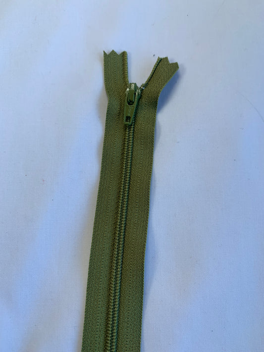14 Inch Non-Separating Zipper, Olive Green, Molded Plastic, New