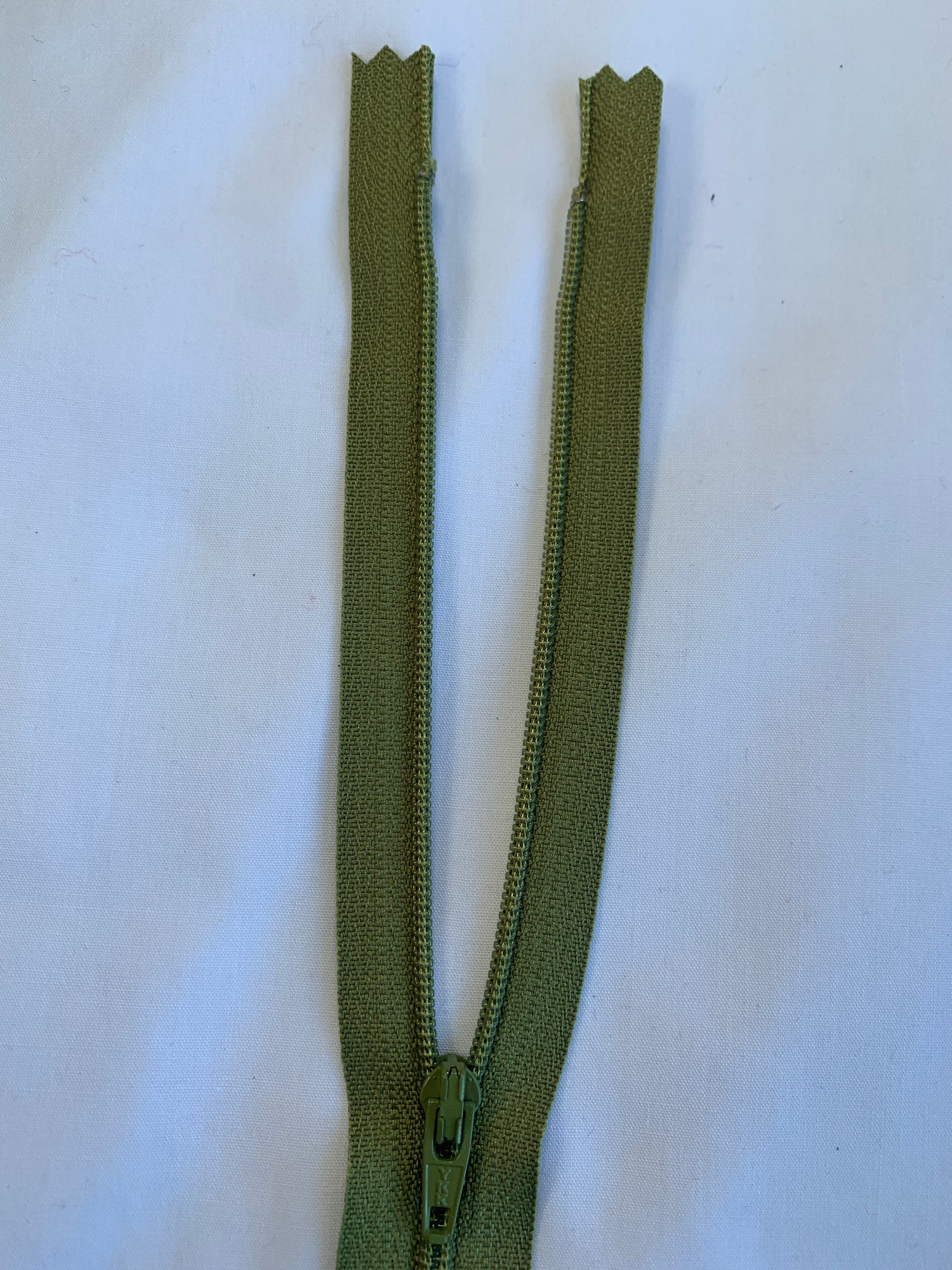 14 Inch Non-Separating Zipper, Olive Green, Molded Plastic, New