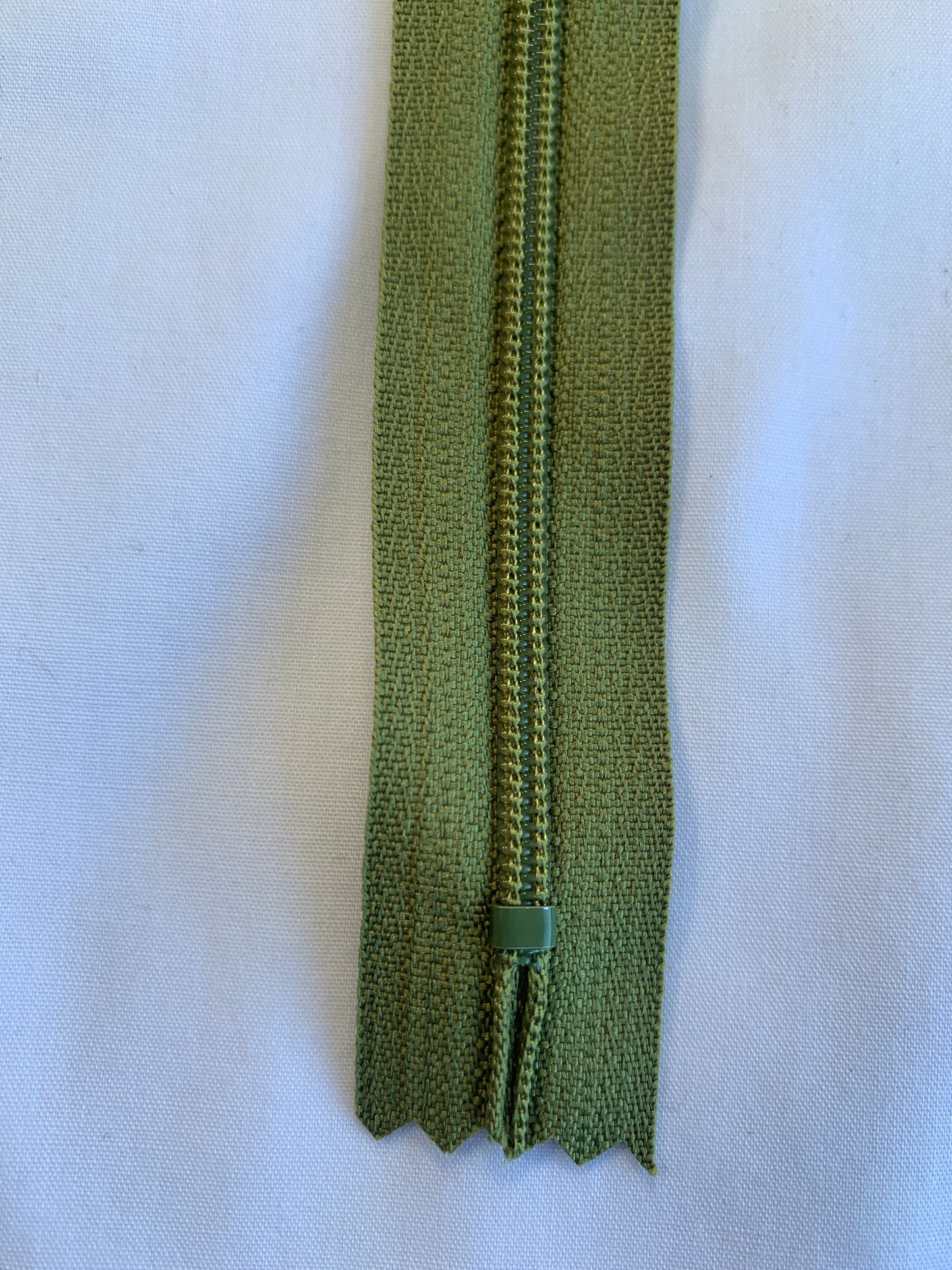 14 Inch Non-Separating Zipper, Olive Green, Molded Plastic, New