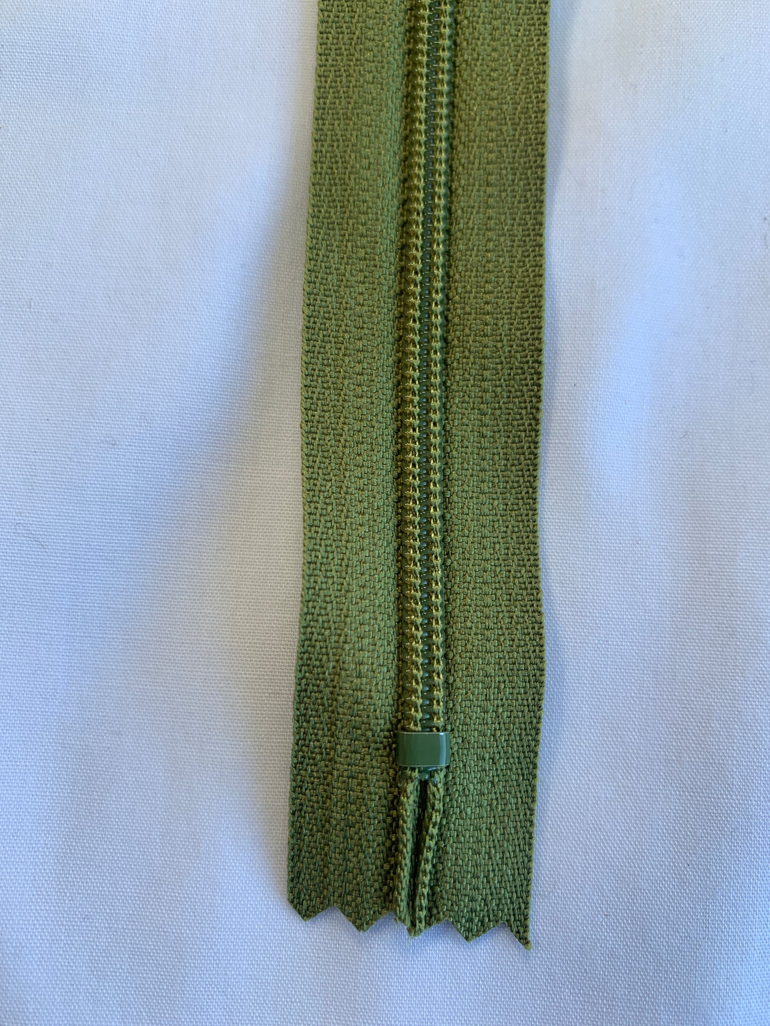 14 Inch Non-Separating Zipper, Olive Green, Molded Plastic, New