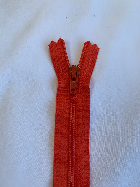14 Inch Non-Separating Zipper, Red Orange, Molded Plastic, New