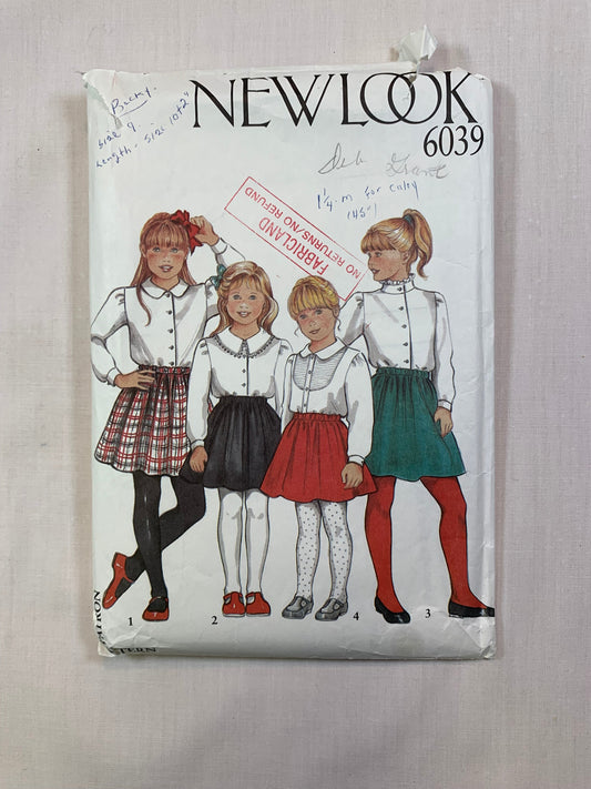 Simplicity New Look Sewing Pattern 6039 Girls' Blouse, Skirt, Long Sleeves, Button Front, Elastic Waist, Collar, 4 Variations Age 3-10, Uncut, Vintage 1990