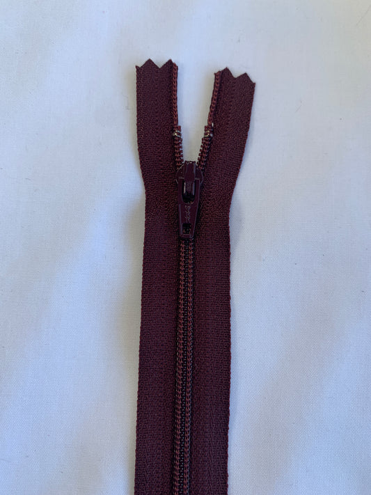 14 Inch Non-Separating Zipper, Burnt Umber Brown, Molded Plastic, New
