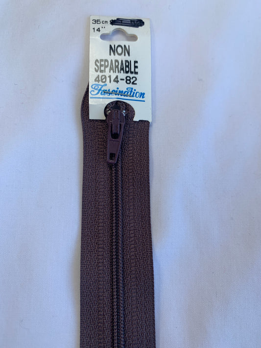 14 Inch Non-Separating Zipper, Light Walnut Brown, Molded Plastic, New