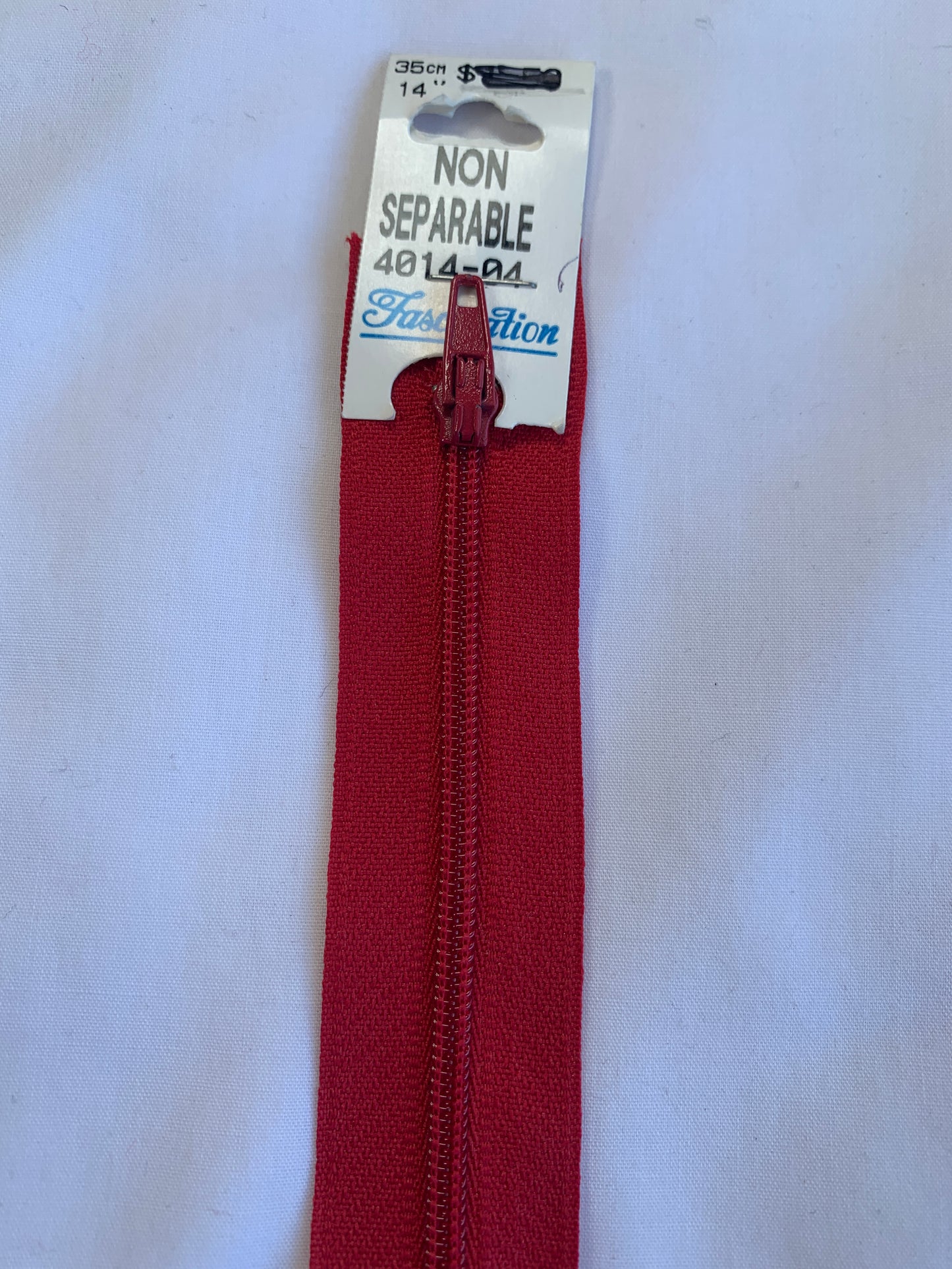 14 Inch Non-Separating Zipper, Scarlet Red, Molded Plastic, New